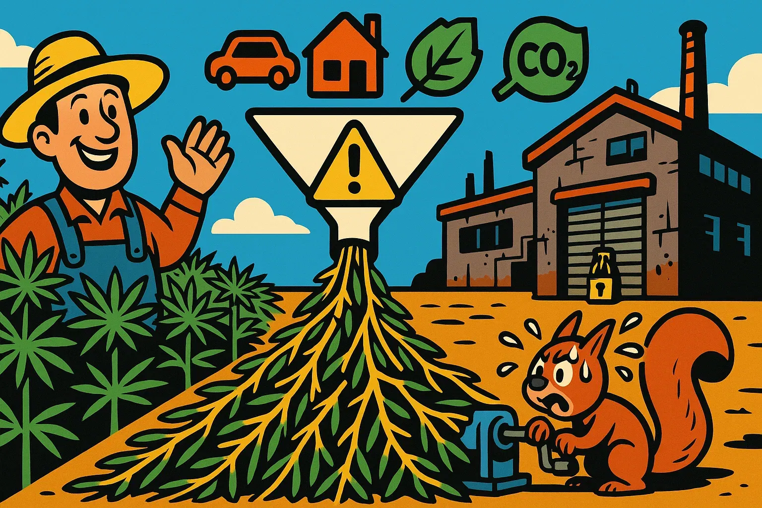 Karikatur: Üppiges Hanffeld trifft verrostete Fabrik – Flaschenhals zwischen Anbau und Verarbeitung