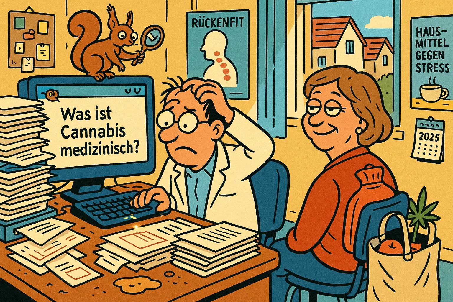 Symbolbild: Ein Hausarzt schaut skeptisch auf ein Cannabis-Rezept, während ein Patient hoffnungsvoll wartet.