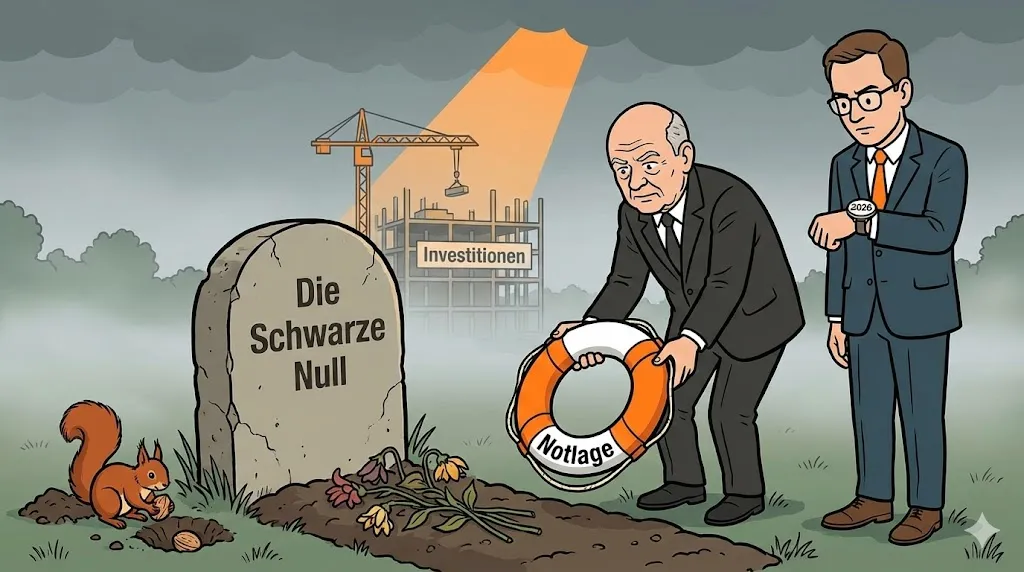 Satirische Karikatur: Ein Grabstein mit der Aufschrift 'Die Schwarze Null', davor legen Politiker einen Kranz nieder.
