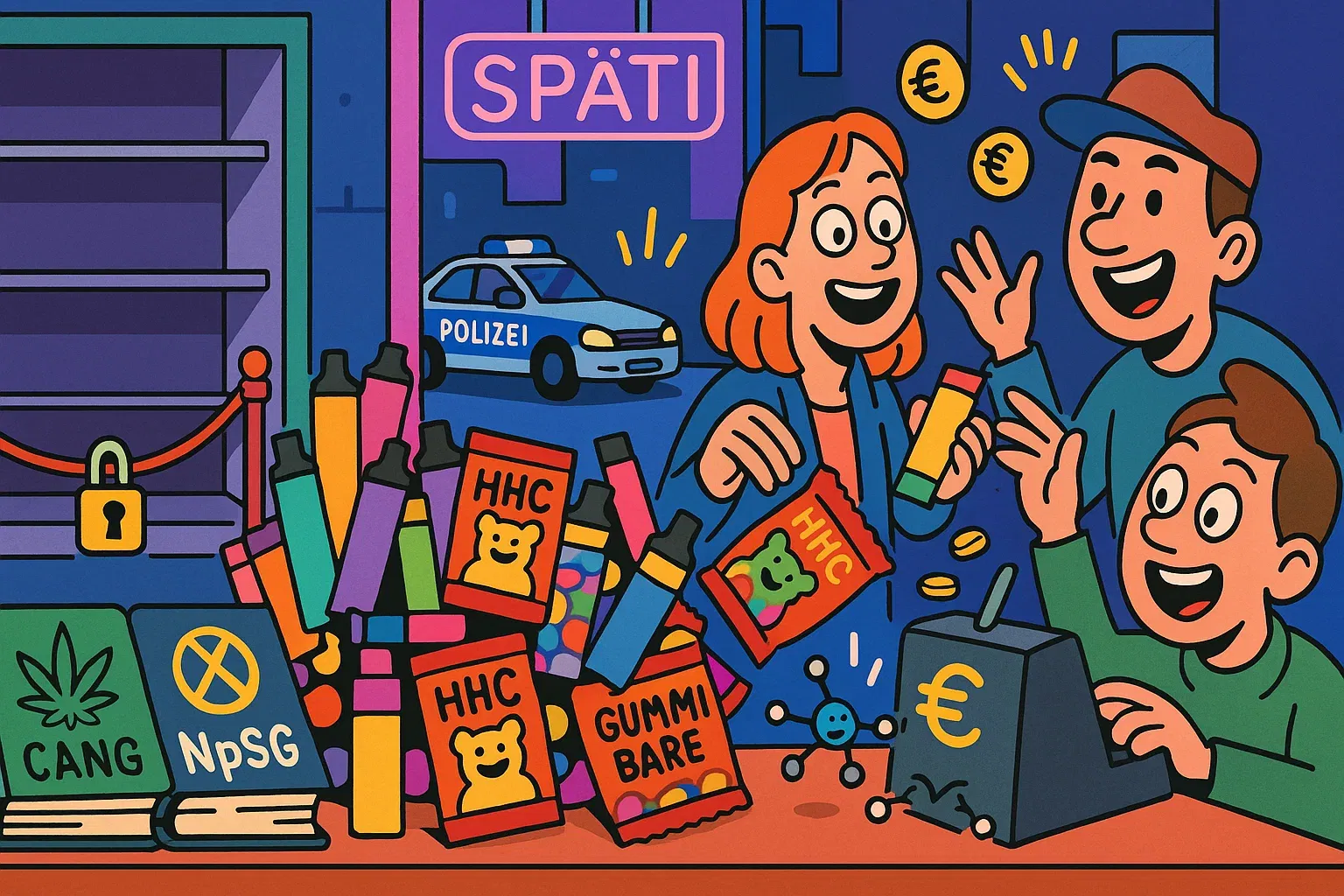 Wilder Westen im Späti‑Regal: Lücke zwischen CanG und NpSG Karikatur: Wilder Westen im Späti-Regal – bunte HHC-Vapes neben leerem, streng reguliertem Cannabis-Regal; satirische Darstellung der Lücke zwischen CanG und NpSG.