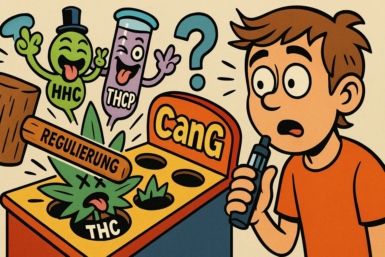 Das CanG schlägt zu, doch HHC und THCP tanzen auf dem Tisch Karikatur zur Gesetzeslücke bei HHC: Ein 'Regulierung'-Hammer schlägt auf THC, während HHC und THCP aus anderen Löchern lachen.