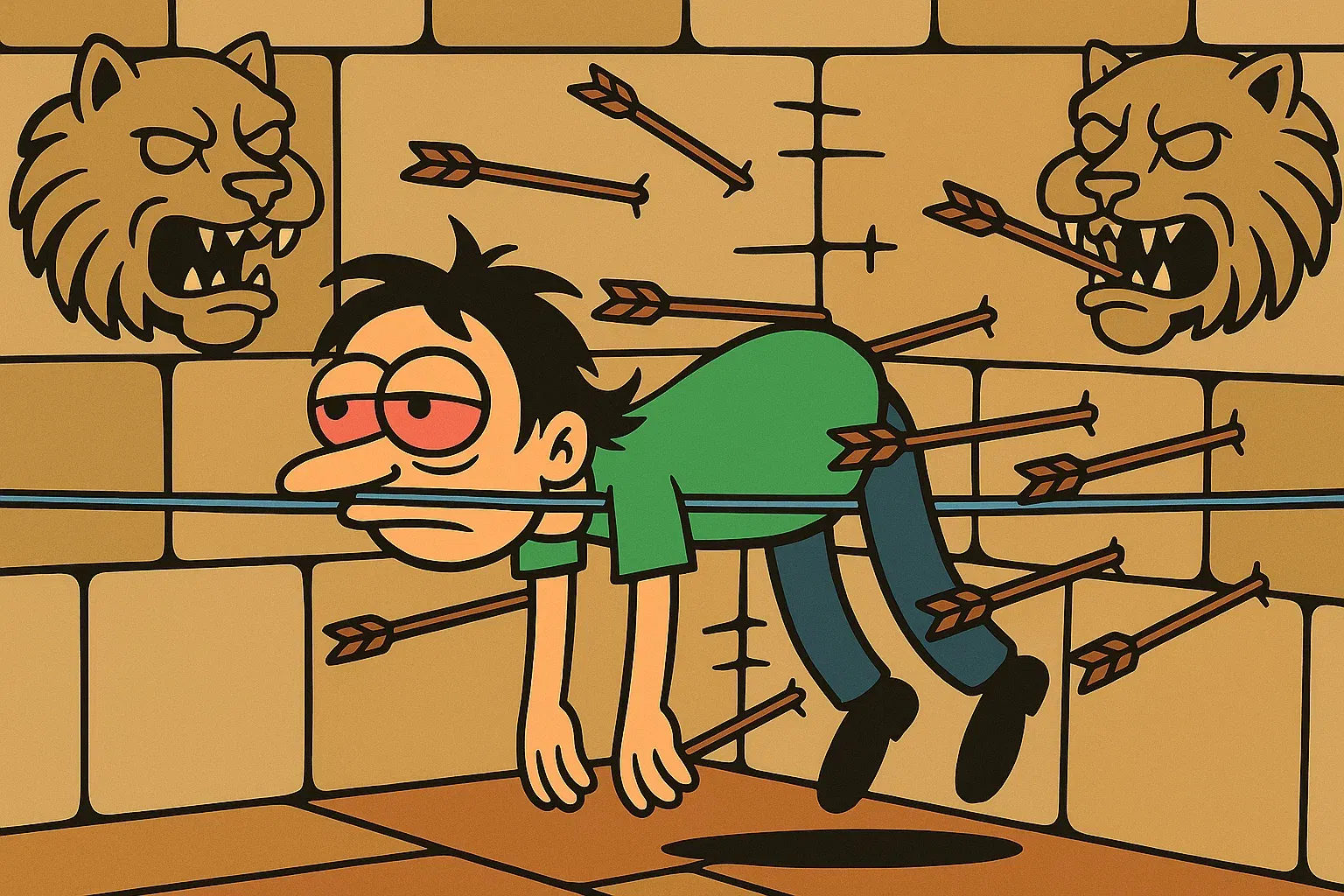 Comic 2: Held schläft selig auf dem Thron, während Ziegen ihn anstupsen.