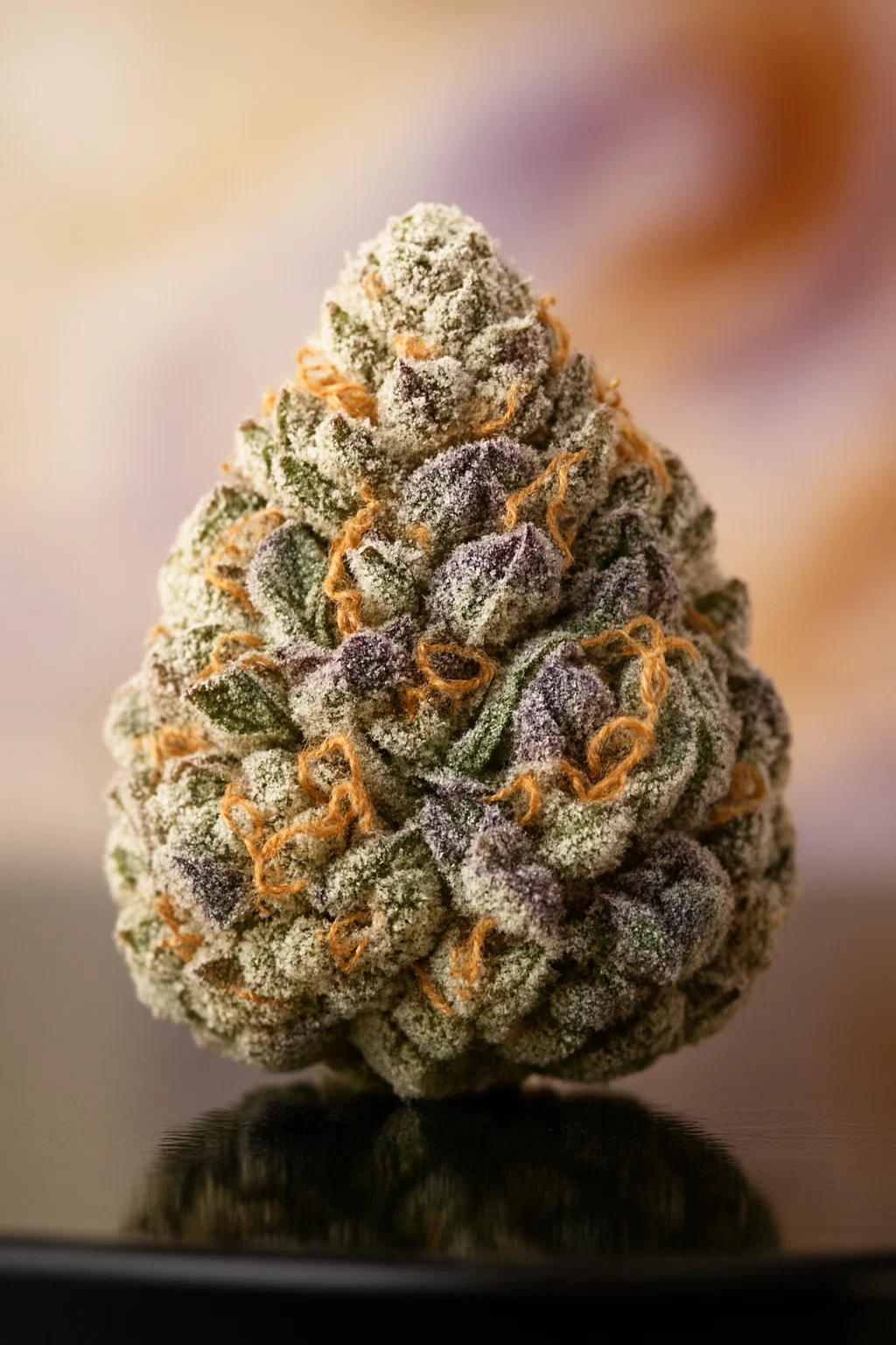 Frostige, dichte Blüten des Ice Cream Cake Strains mit lila Farbtönen