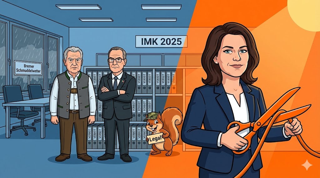 Satirische Karikatur: Vor der Bremer Kulisse stehen die Innenminister Reul und Herrmann wie Türsteher vor einem Zaun aus Aktenordnern. Im Hintergrund versucht Gesundheitsministerin Warken, ein Internetkabel zu durchschneiden. Ein Eichhörnchen mit einem Legal-Schild schlüpft unbemerkt durch eine Lücke im Zaun.