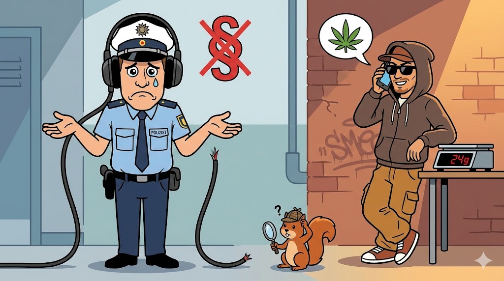 Satirische Illustration: Ein Polizist mit übergroßem Kopfhörer steht vor einer Wand aus durchgestrichenen Paragraphen-Symbolen. Im Hintergrund telefoniert ein grinsender Dealer ungestört. Ein Eichhörnchen mit Detektiv-Lupe schaut ratlos auf ein Handy.