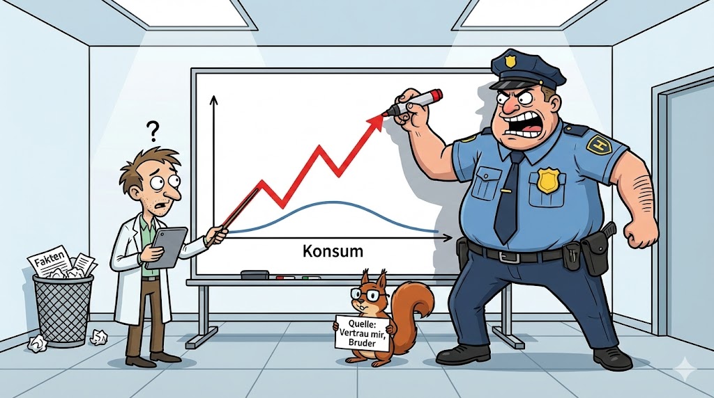 Satirische Karikatur: Nina Warken durchschneidet mit einer riesigen Schere ein Internetkabel. Ein Patient auf dem Bildschirm verschwindet. Ein Eichhörnchen in Arztkittel versucht, die Leitung mit einem Pflaster zu flicken.