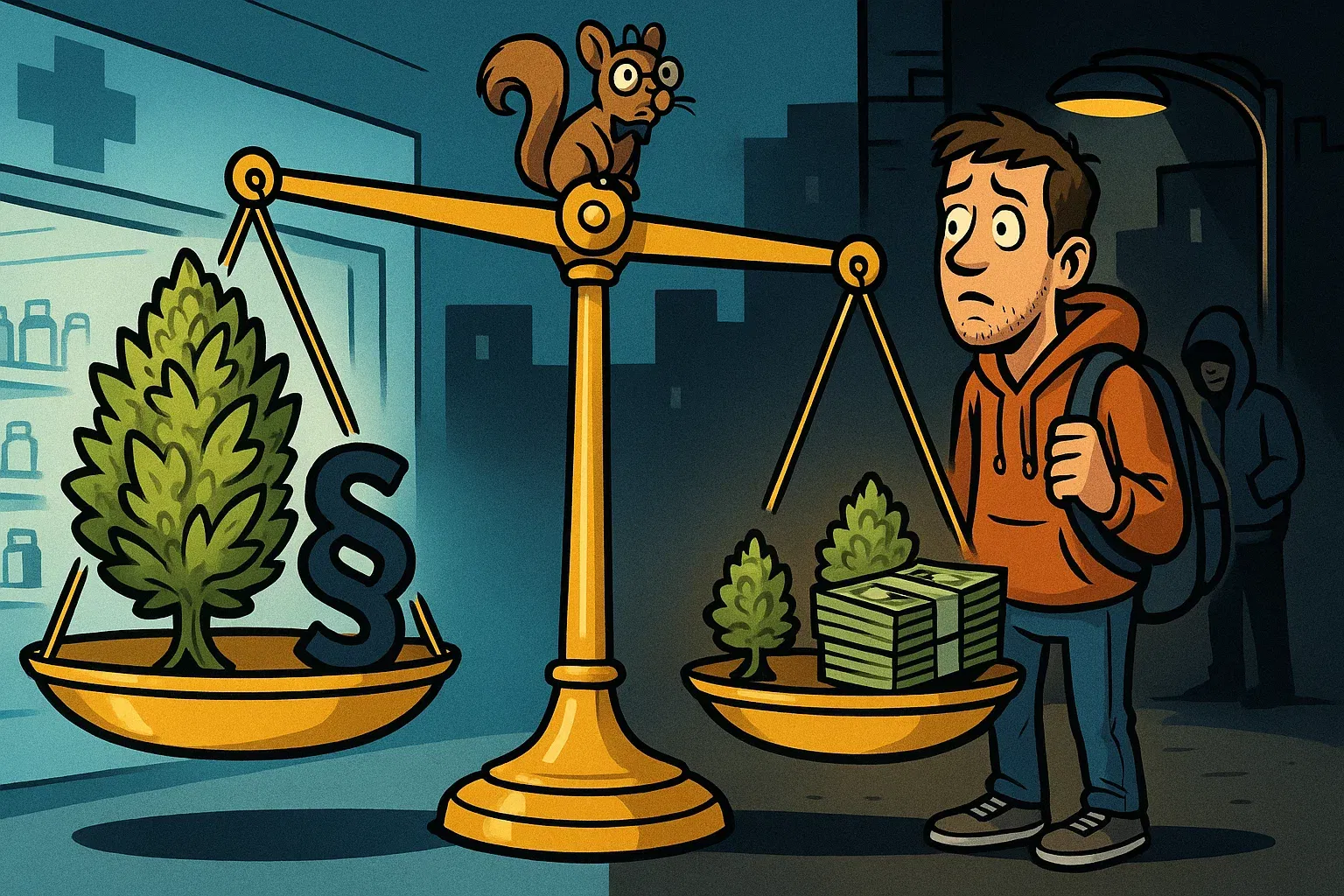 Eine Waage zeigt, dass der illegale Handel oft billiger ist als der legale Kauf.