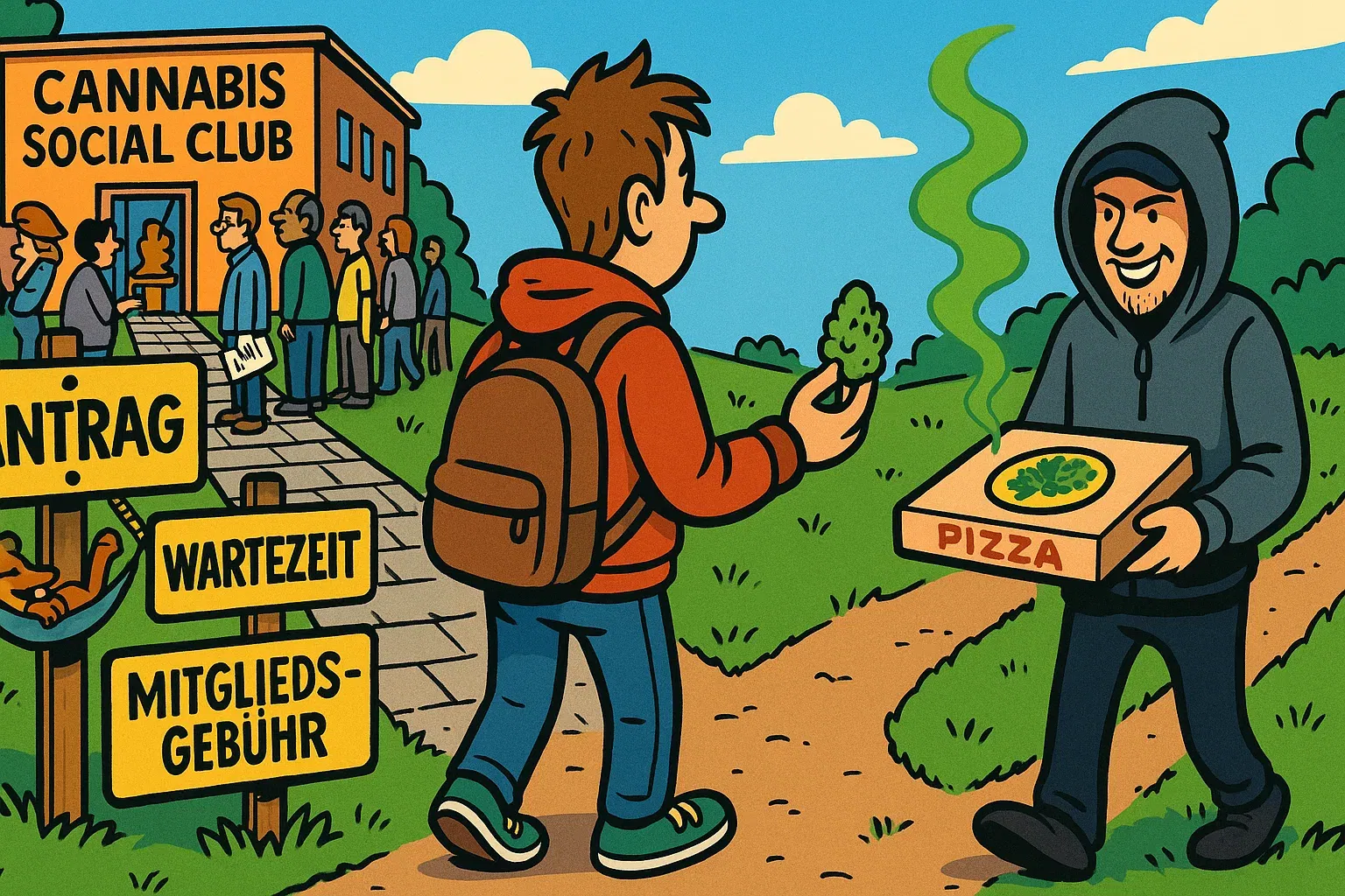 Ein Konsument steht ratlos vor zwei Wegen: legaler CSC mit Papierkram vs. kurzer Trampelpfad zum Liefer-Dealer.