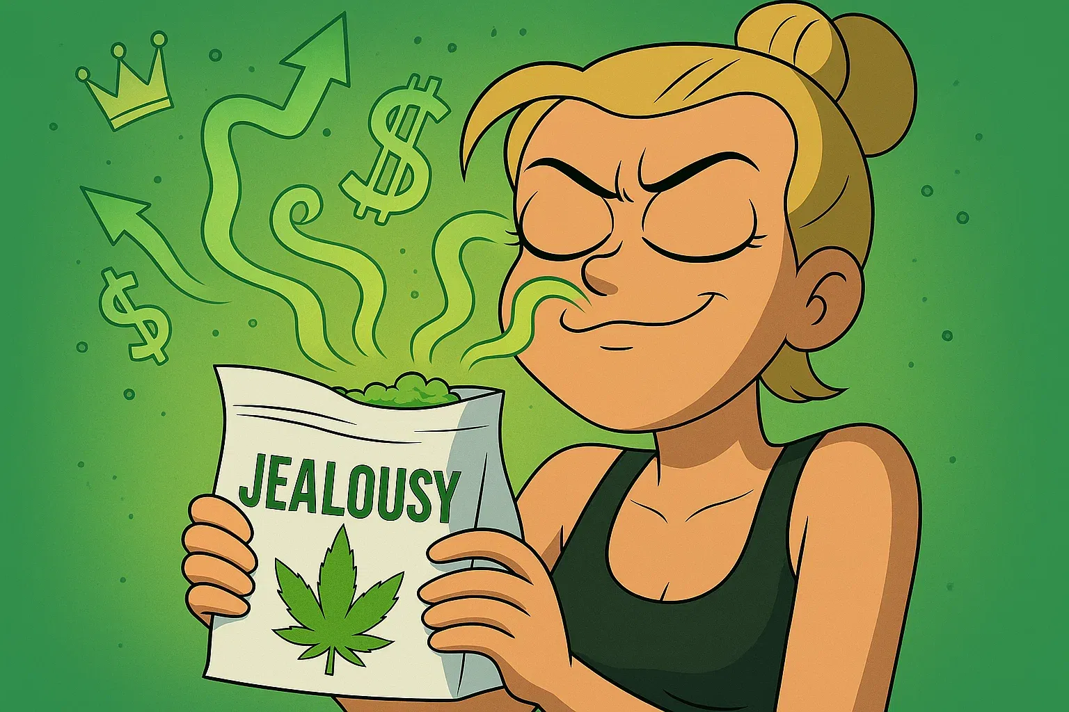 Comic: Tiffany riecht entschlossen am Bud und stellt sich vor, der gasige Geruch sei der Duft von purem Ehrgeiz und Erfolg.