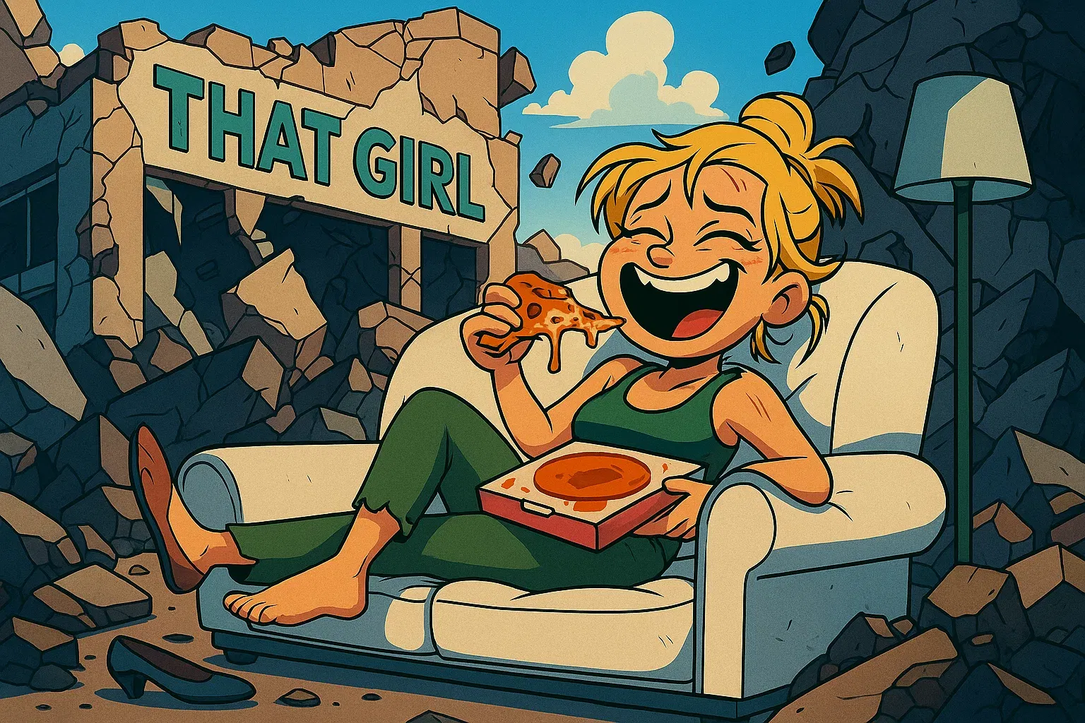 Comic: Die 'That Girl'-Fassade bricht zusammen, als Tiffany glückselig mit einer Pizza auf ihrer makellosen Couch lümmelt und lacht.
