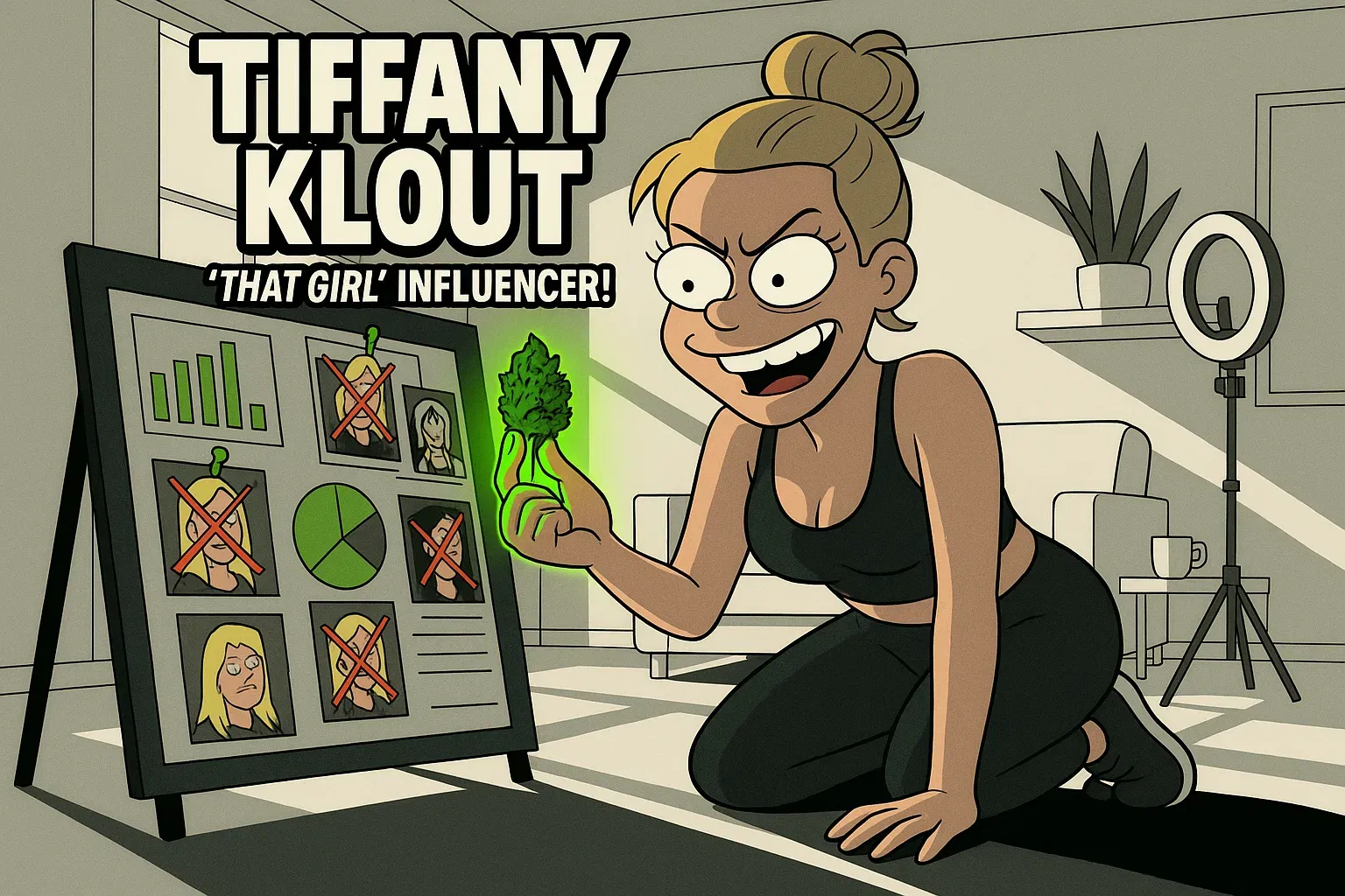Influencerin Tiffany Klout in ihrem sterilen weißen Apartment, wie sie manisch die Weltherrschaft plant und einen leuchtenden Jealousy-Bud hält.