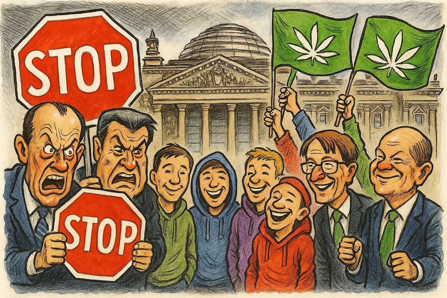 Symbolbild: Zwei Hände halten eine junge Cannabispflanze, im Hintergrund unscharf der Bundestag