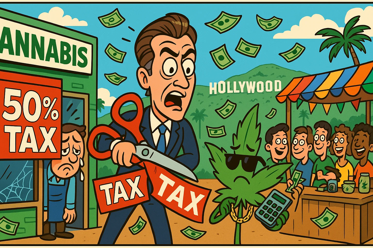 Karikatur: Cannabis-Shop mit 50% TAX Schild und Spinnweben neben belebtem Schwarzmarkt-Stand, Governor Newsom schneidet panisch rotes Steuerband durch
