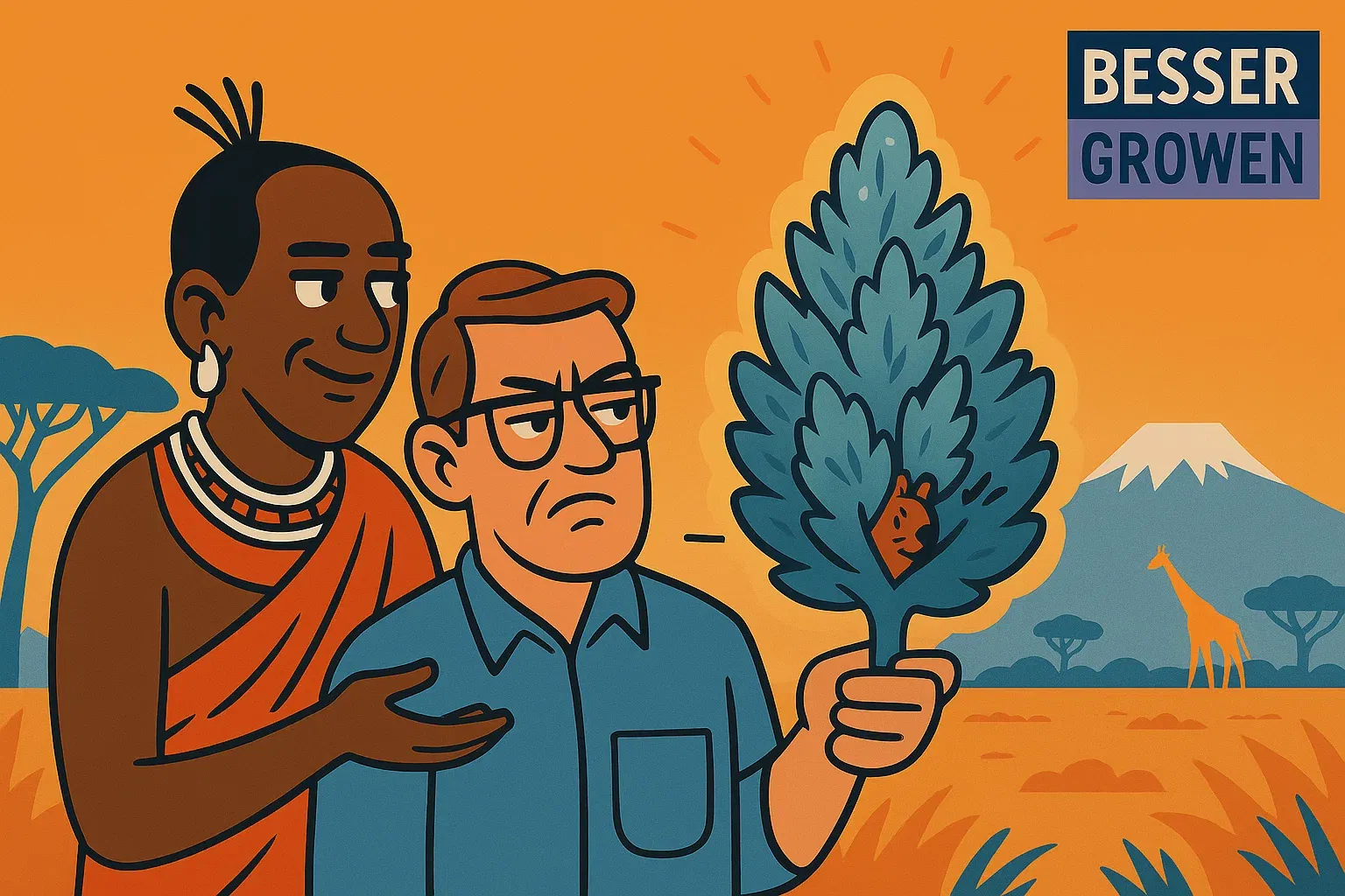 Maasai‑Guide reicht Klaus in der Savanne einen großen Kilimanjaro‑Bud; Klaus prüft skeptisch, im Hintergrund Akazien und die Silhouette des Kilimandscharo, dezente orange Aura, ein Eichhörnchen lugt hinter dem Bud hervor – Vektor 3:2.