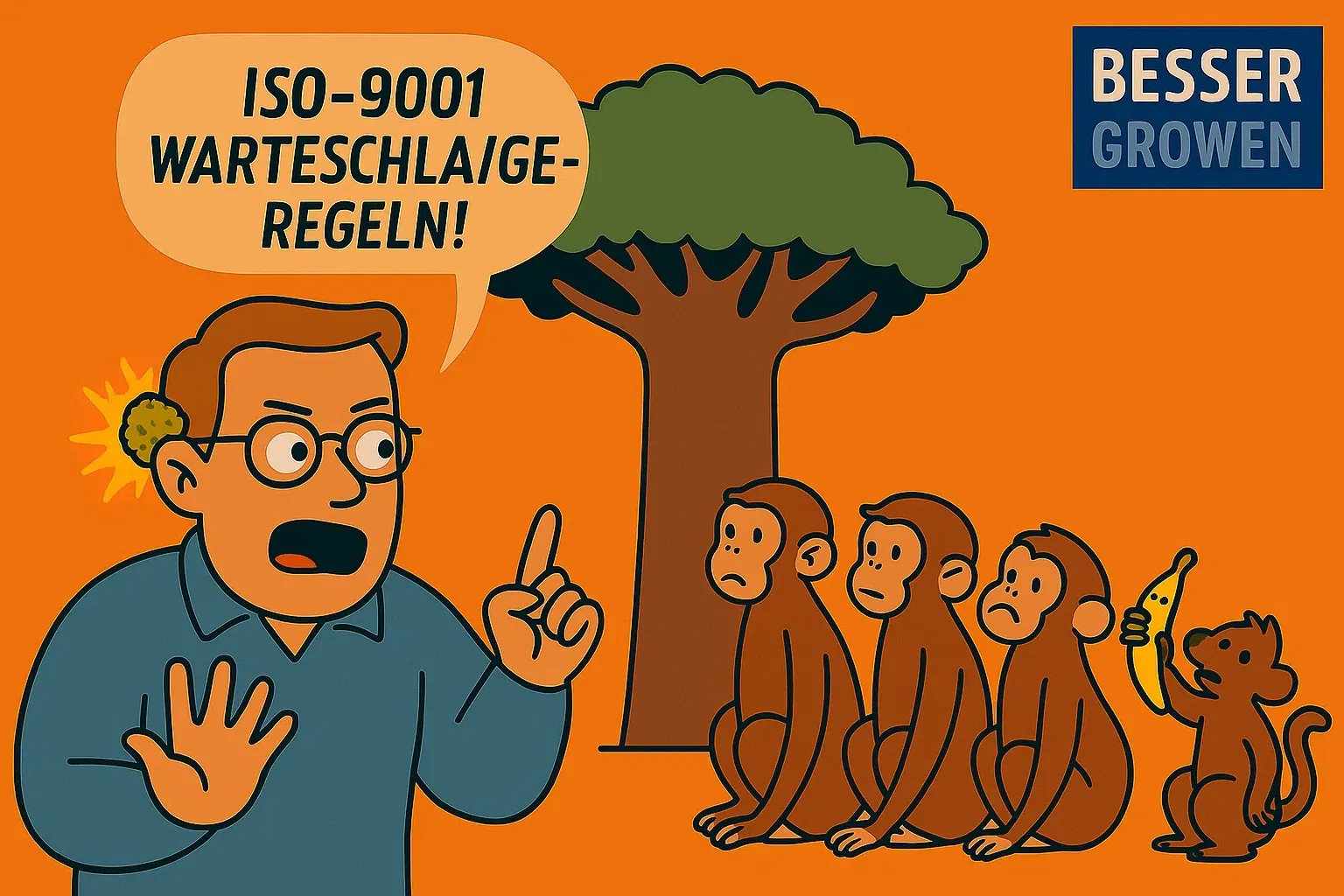 Unter einem Baobab bringt Klaus Affen das korrekte Anstehen bei; der Bud steckt hinter seinem Ohr, ein Eichhörnchen versucht ungeduldig die Schlange zu überholen – Vektor 3:2.