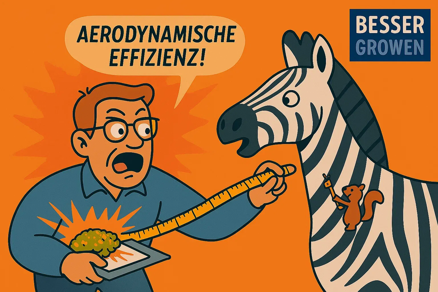 Klaus präsentiert Tourist:innen eine Flipchart „Safari Experience Plan“ mit oberster Priorität „Maximal Joy Coefficient“; er trägt einen Kente‑Schal, der Bud ist als ‚Glücksfaktor‘ skizziert; ein Eichhörnchen zeigt mit einem Laserpointer – Vektor 3:2.