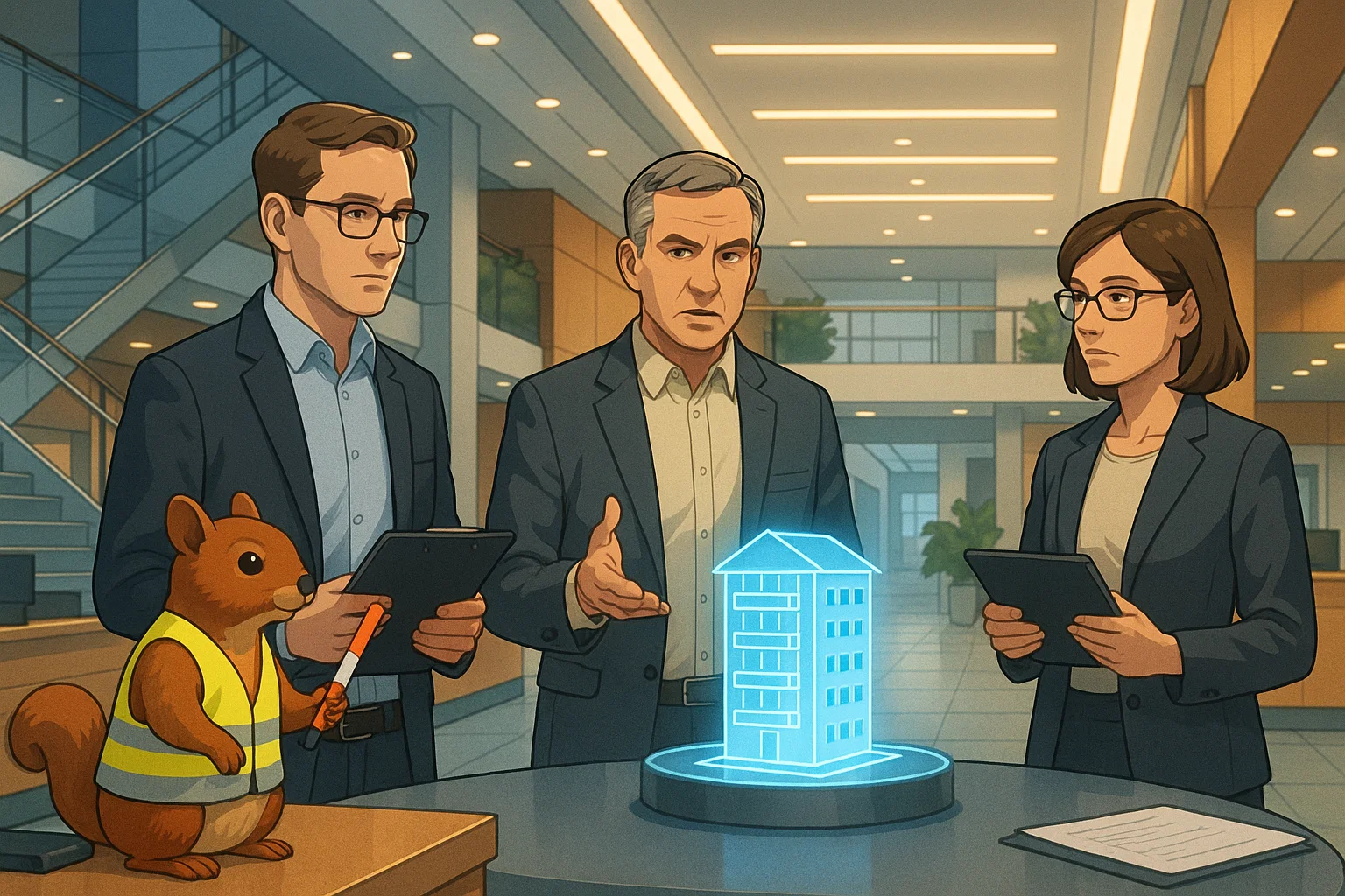 High-end Konzeptkunst: Kommunale Flüchtlingsunterkunft, Bürgermeister im Gespräch mit Mitarbeitern, übervolle Unterkünfte im Hintergrund.