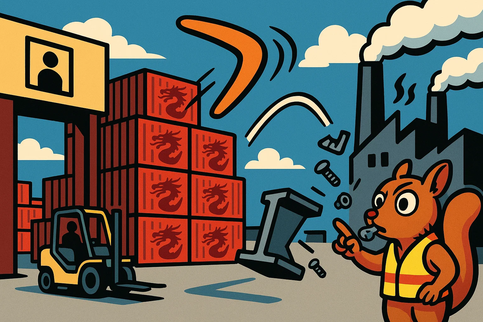 Illustration: Handelsdreieck EU–USA–China mit Stahlkosten und Bumerang-Symbol