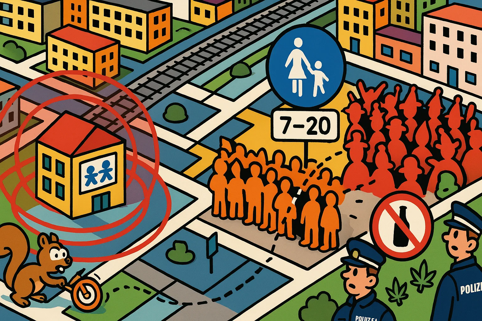 Schutzzonen um Kindergärten und Schulen mit 100m Abstand, überfüllte Fußgängerzone