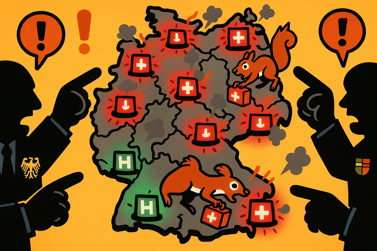 Illustration: Landkarte Deutschlands mit erlöschenden Krankenhaus-Symbolen auf dem Land