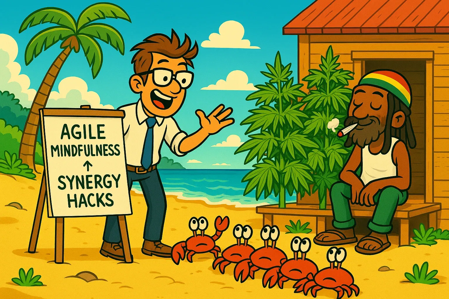 Comic: Startup-Gründer hält einen Vortrag über 'Mindfulness' am Strand, während im Hintergrund ein Rasta-Farmer seine Pflanzen pflegt.