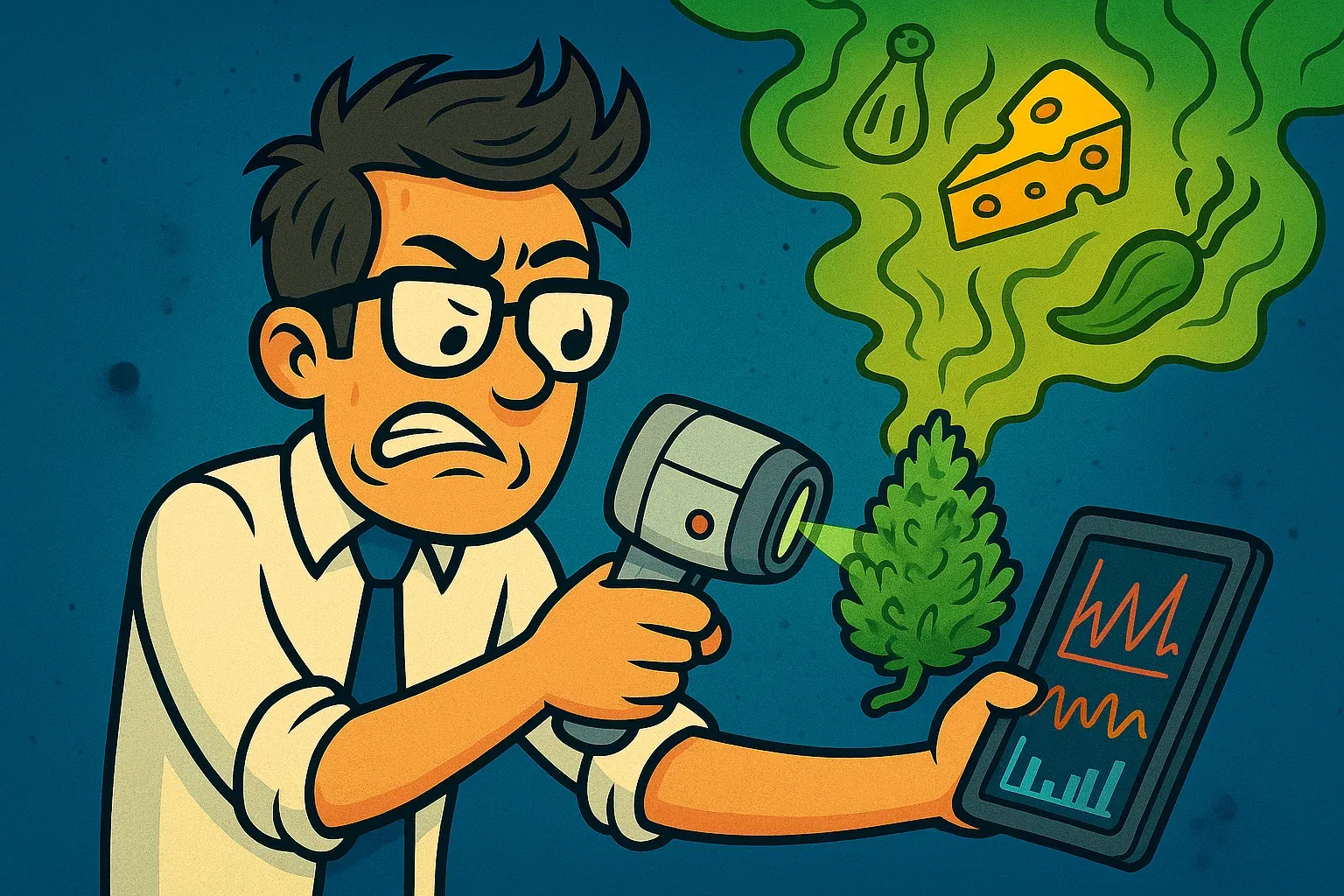 Comic: Der Gründer analysiert einen Bud unter der Lupe, während der würzige Geruch ihn einhüllt.
