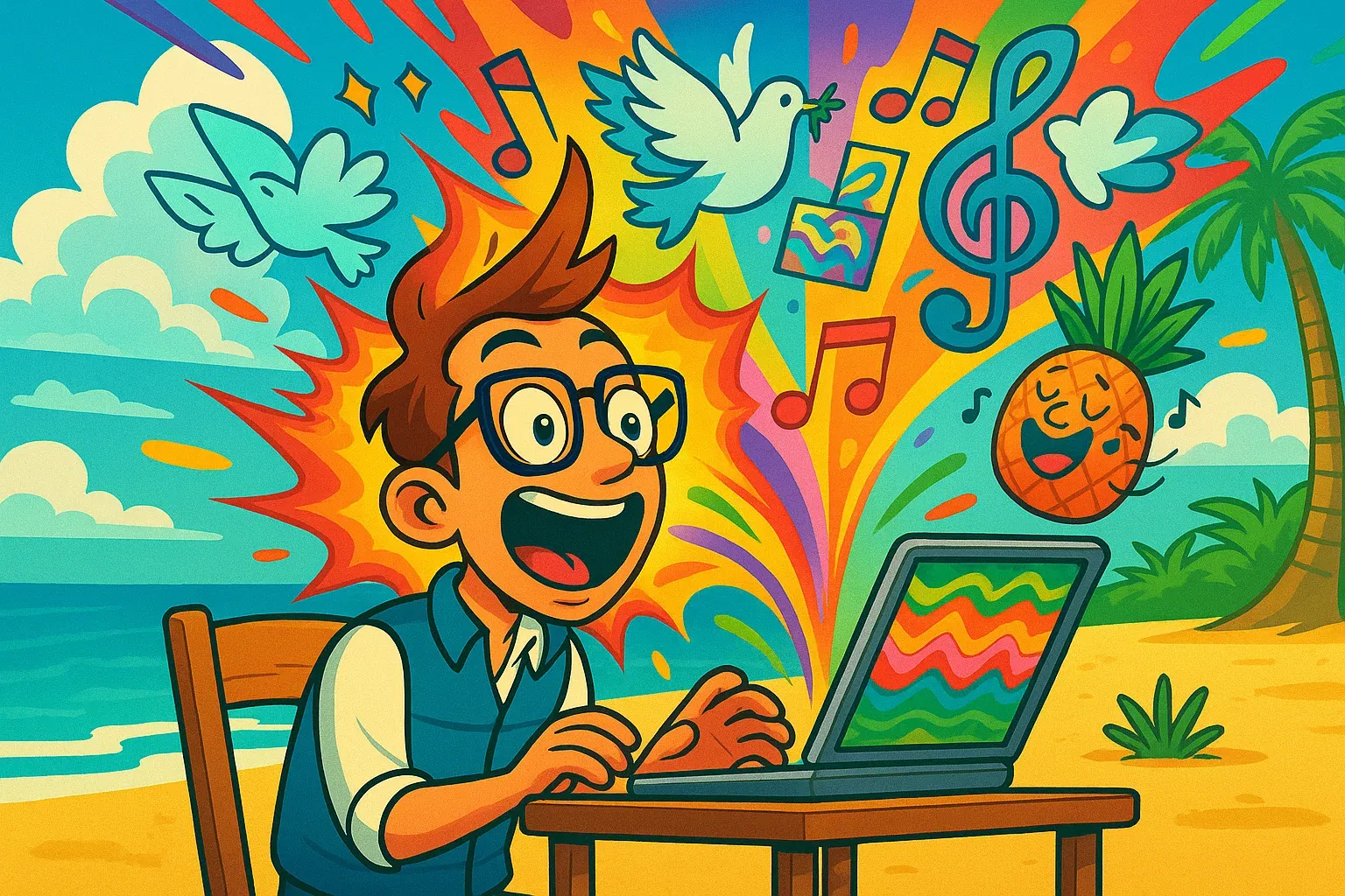 Comic: Nach dem Konsum explodiert der Kopf des Gründers in einem kreativen Feuerwerk aus Ideen, sein Laptop zeigt Reggae-Visuals.
