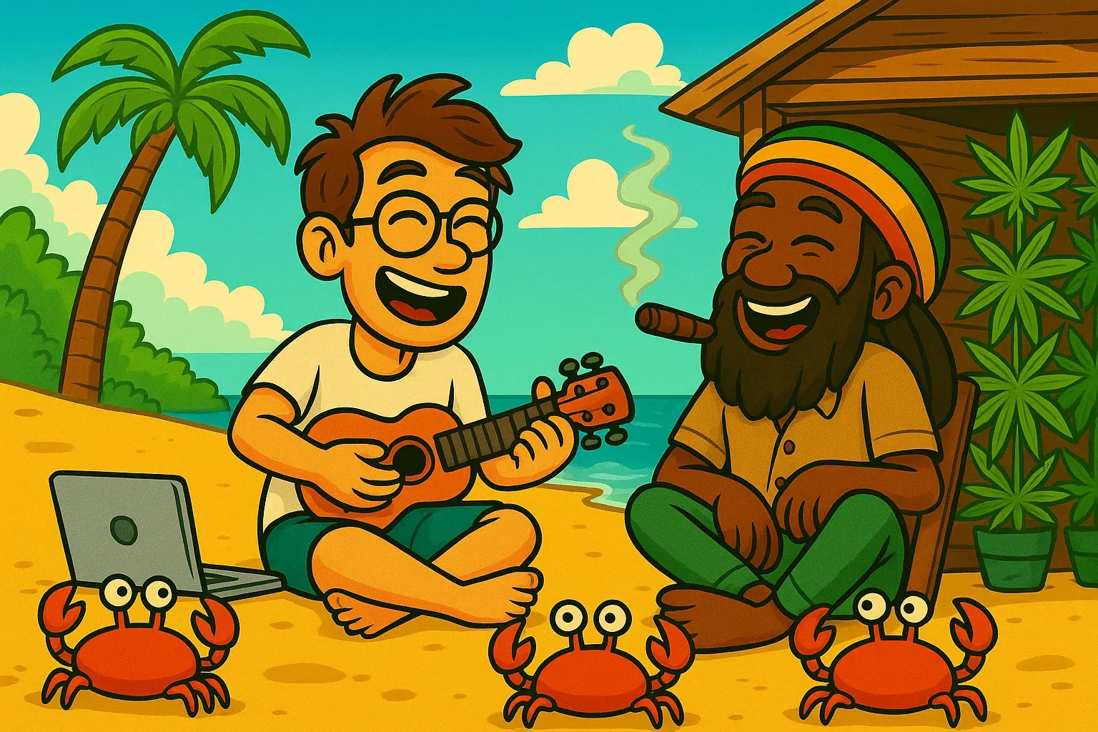 Comic: Der Gründer hat seinen Laptop zugeklappt und sitzt entspannt mit einem Rasta am Strand und spielt Ukulele.