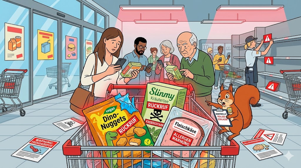 Karikatur: Einkaufswagen voller zurückgerufener Produkte