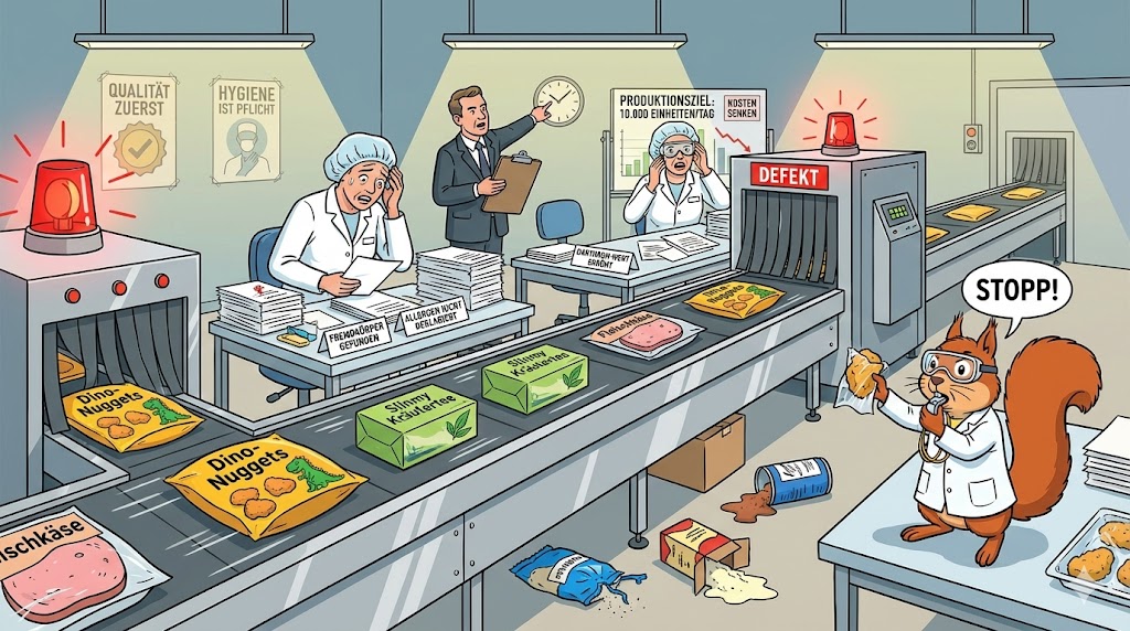 Karikatur: Produktionsband mit Lebensmitteln, Warnhinweise und rote Alarmschilder, gestresste Qualitätskontrolleure.