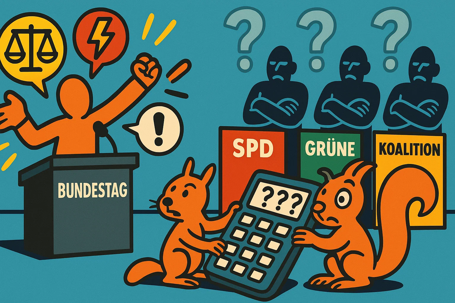 Satirische Comic-Darstellung der Bundestagsdebatte über Abgeordneten-Pensionen: Links ein überzeichnetes Rednerpult, aus dem Symbol-Bubbles aufsteigen (Waage für Gerechtigkeit, Blitz für Kritik, Ausrufezeichen für Rhetorik). Eine neutrale stilisierte Figur gestikuliert energisch, stellvertretend für Sarah Vollaths Wutrede. Rechts drei Blöcke mit abstrahierten Schattenfiguren für SPD, Grüne und Koalition, Arme verschränkt in unschlüssiger Haltung, darüber schweben Fragezeichen-Symbole für Glaubwürdigkeit. Im Vordergrund ein Eichhörnchen mit riesigem Taschenrechner, Display zeigt Fragezeichen und symbolisiert die unlogische Rentenlogik. Flat Bold Colors, kräftige Outlines, humorvoll-satirisch.