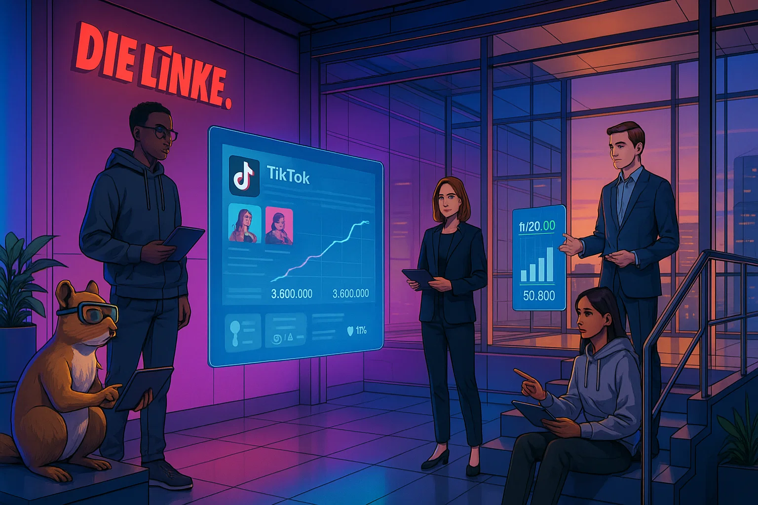 High-end Konzeptkunst: Futuristisches Parteibüro, junge diverse Menschen mit Tablets, übergroße holografische TikTok-Stats mit Millionen-Views, moderne Wandgrafiken zeigen Mitglieder-Wachstum, Eichhörnchen mit VR-Brille analysiert Daten.