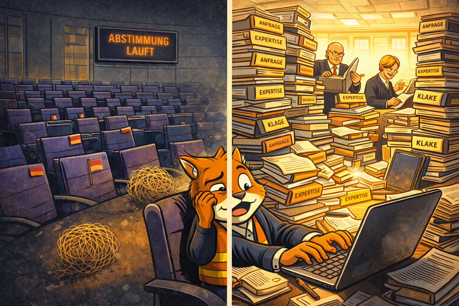 Karikatur: Ein leeres Bundestagsplenum auf der einen Seite, auf der anderen Seite stapeln sich Akten mit der Aufschrift 'Verfassungsklage'.