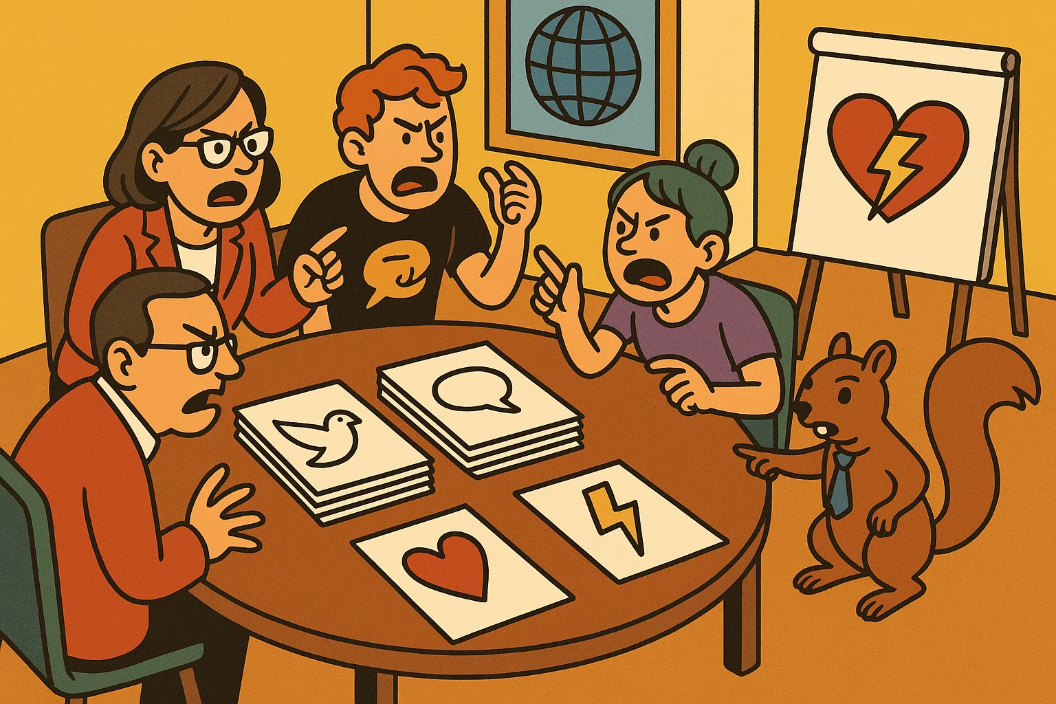 Symbolische Organisationsszene: Themen-Stapel (Israel, Strategie, Opposition) getrennt, Medienwagen beobachtet, Eichhörnchen analysiert Dokument – interne Grabenkämpfe lähmen politische Arbeit