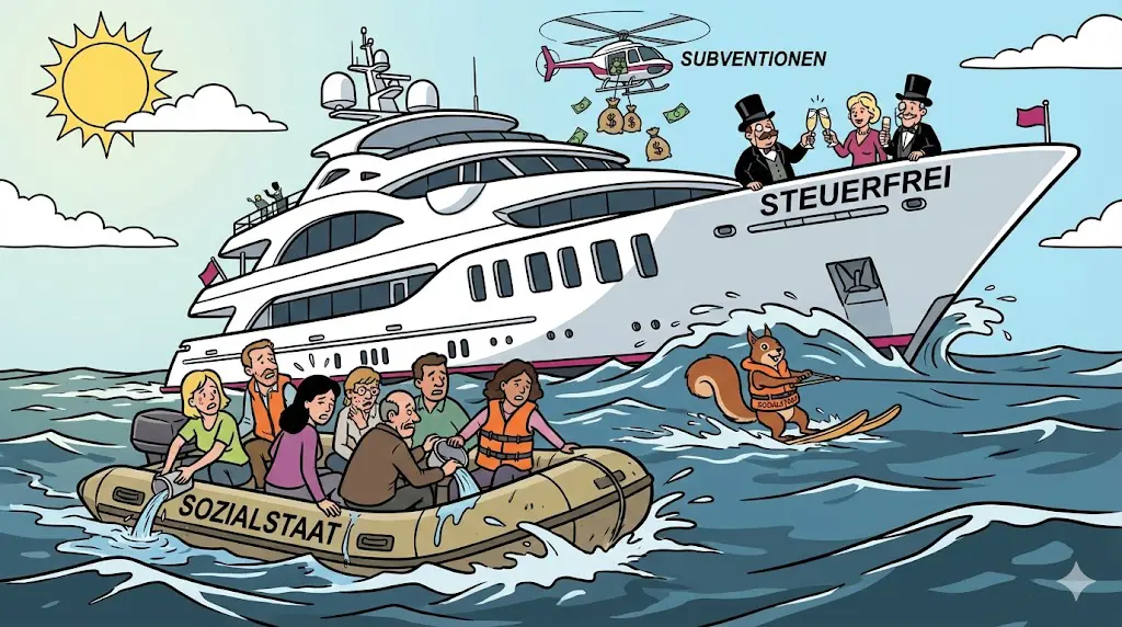Satirische Karikatur: Reiche Elite trinkt Champagner auf einem Geldberg, während unten die Bevölkerung protestiert.