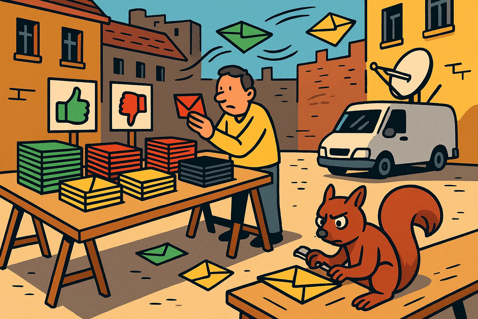 Sortierhof mit farbcodierten Briefstapeln (Grün Rot Gelb Schwarz), Daumen hoch/runter Icons, Wind verweht Umschläge Richtung TV-Wagen, Eichhörnchen öffnet Brief mit Mini-Brieföffner – Chaos der internen Kommunikation