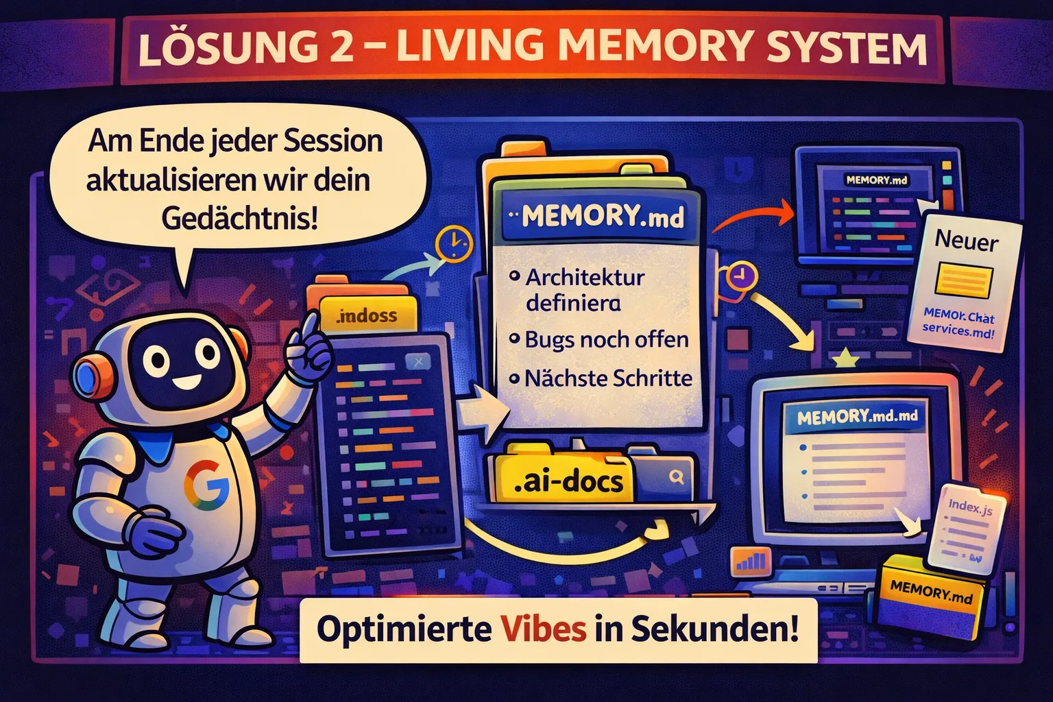 Living Memory System mit MEMORY.md zur Speicherung von Projektkontext für KI