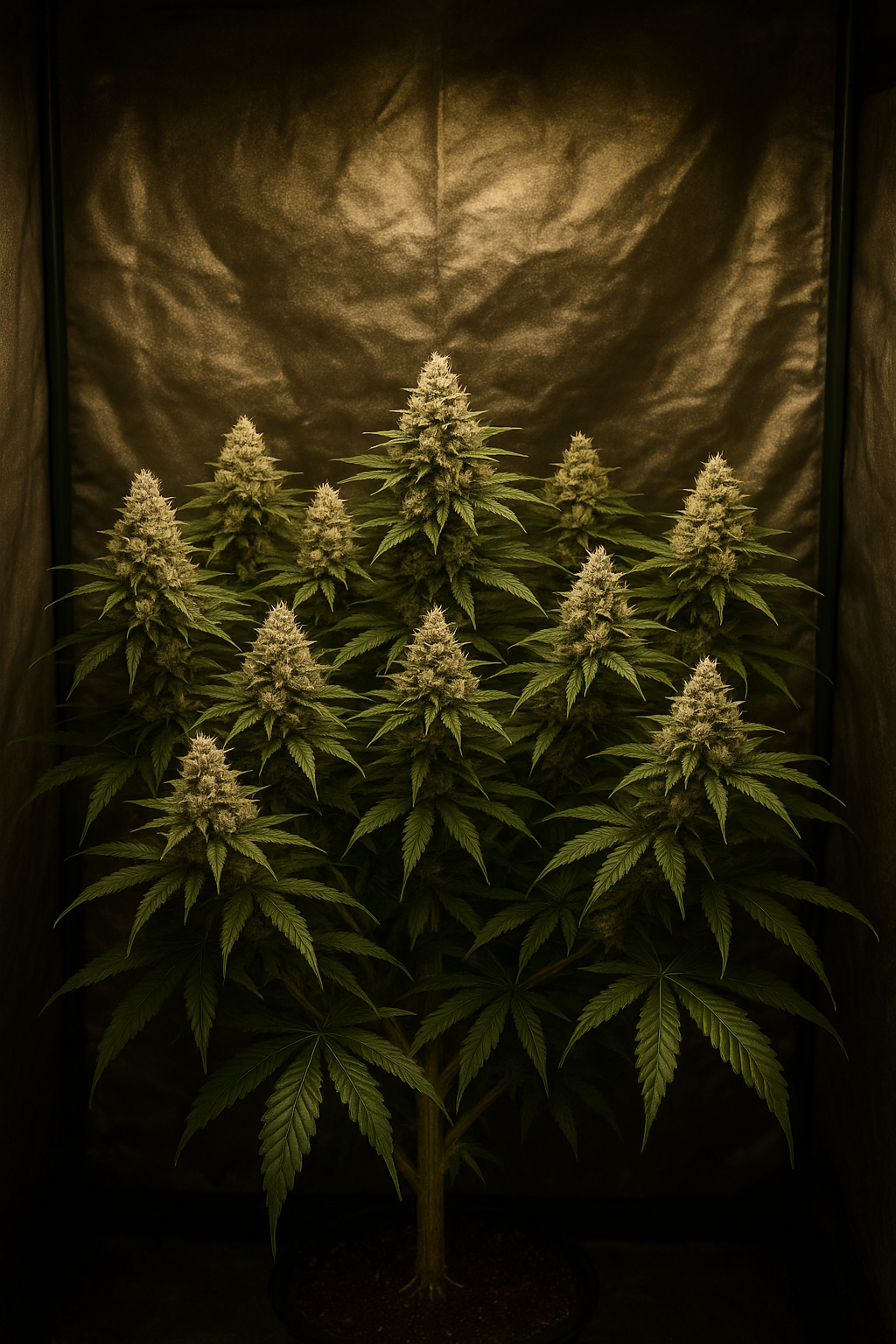 Eine perfekt mit LST trainierte Cannabis-Pflanze in voller Blüte mit vielen gleichmäßigen Colas