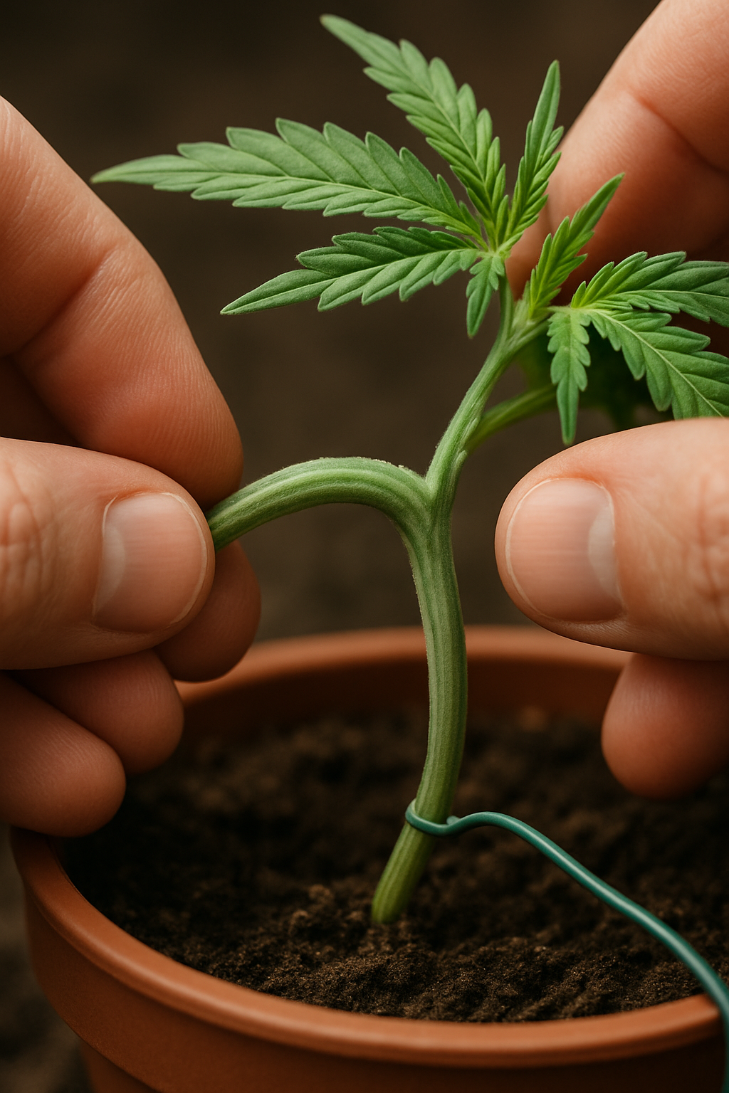 Hände, die den Hauptstamm einer jungen Cannabispflanze sanft zur Seite biegen und mit Draht fixieren