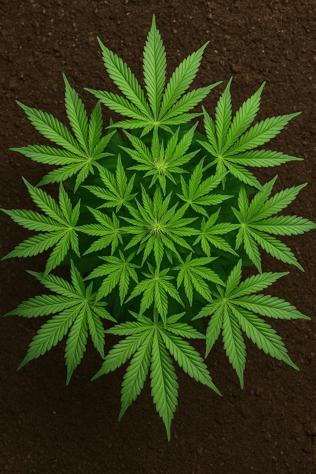 Top-Down-Ansicht einer mit LST trainierten Cannabispflanze, die ein perfekt flaches Blätterdach zeigt