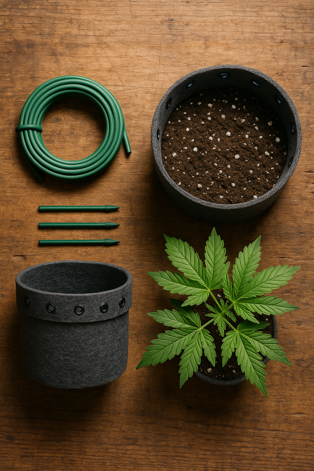 Eine Auswahl an Werkzeugen für LST, darunter weicher Pflanzendraht, Kabelbinder und kleine Heringe