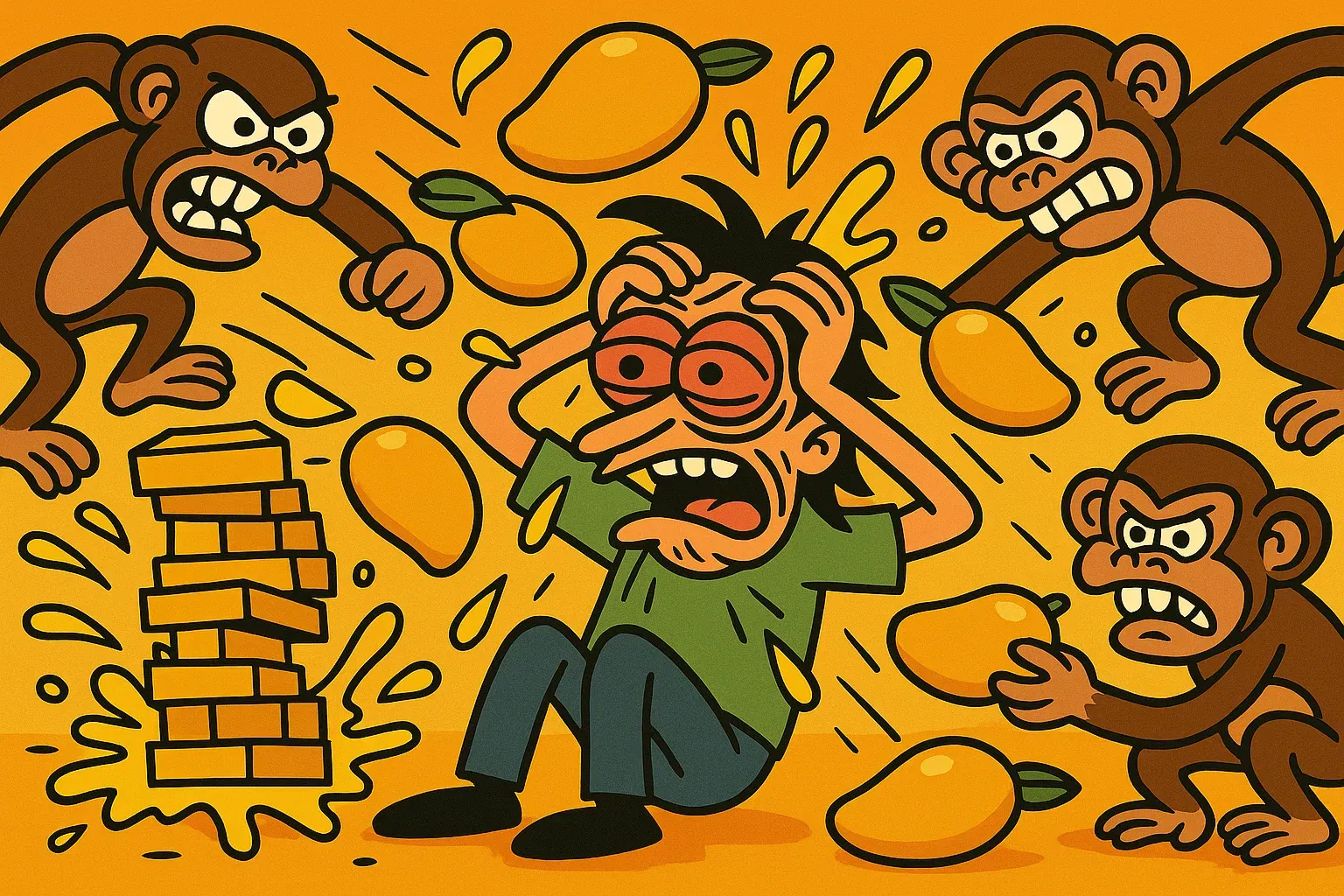 Malawi Gold Comic: Affen werfen Mangos, Protagonist stolpert über Goldstapel und Blüten.