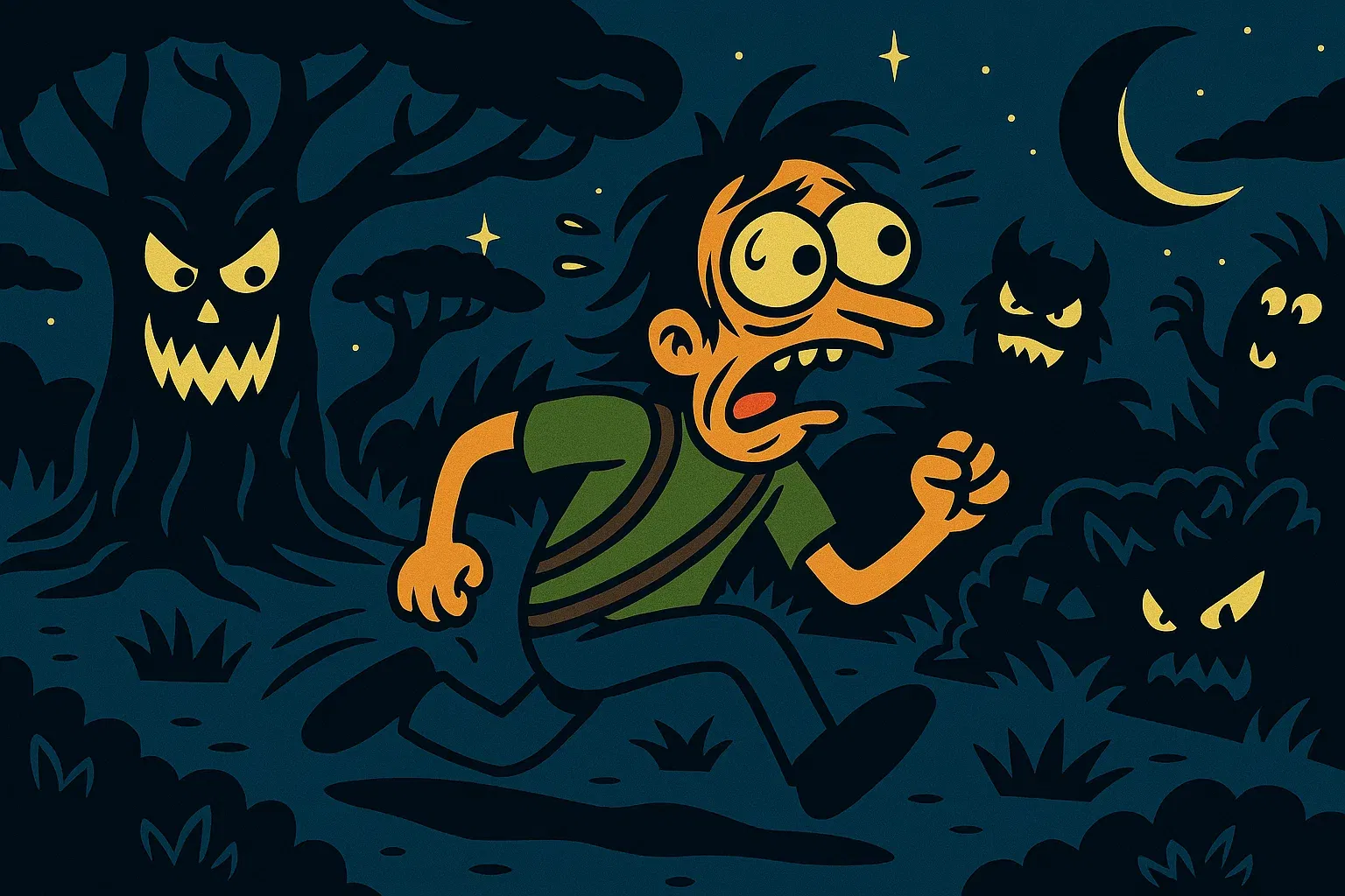 Malawi Gold Comic: In der Nacht von Baobab-Bäumen verfolgt, Protagonist rennt panisch durch die Savanne.