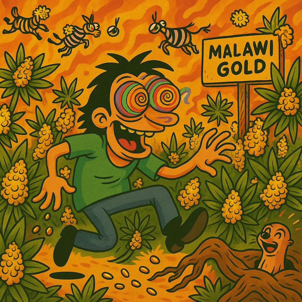 Malawi Gold Cover – visuelle Kurzfassung, goldene Sativa in der Savanne.