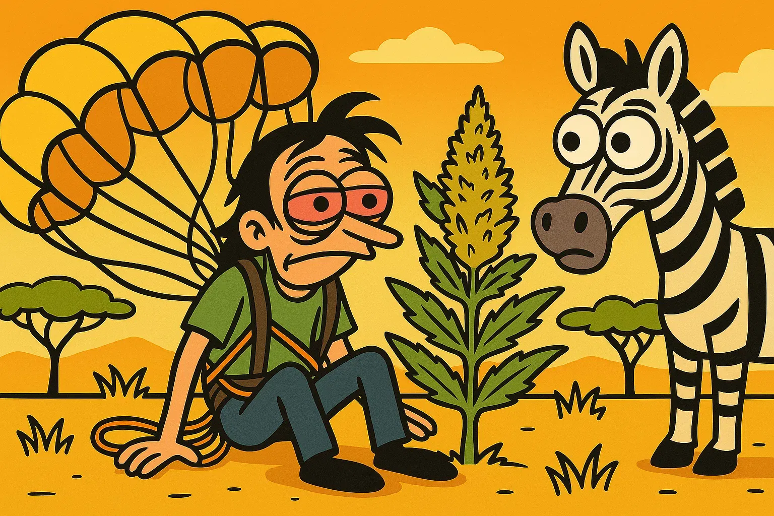 Malawi Gold Comic: Protagonist landet per Fallschirm in der Savanne neben einer goldenen Sativa, Zebra schaut verdutzt.