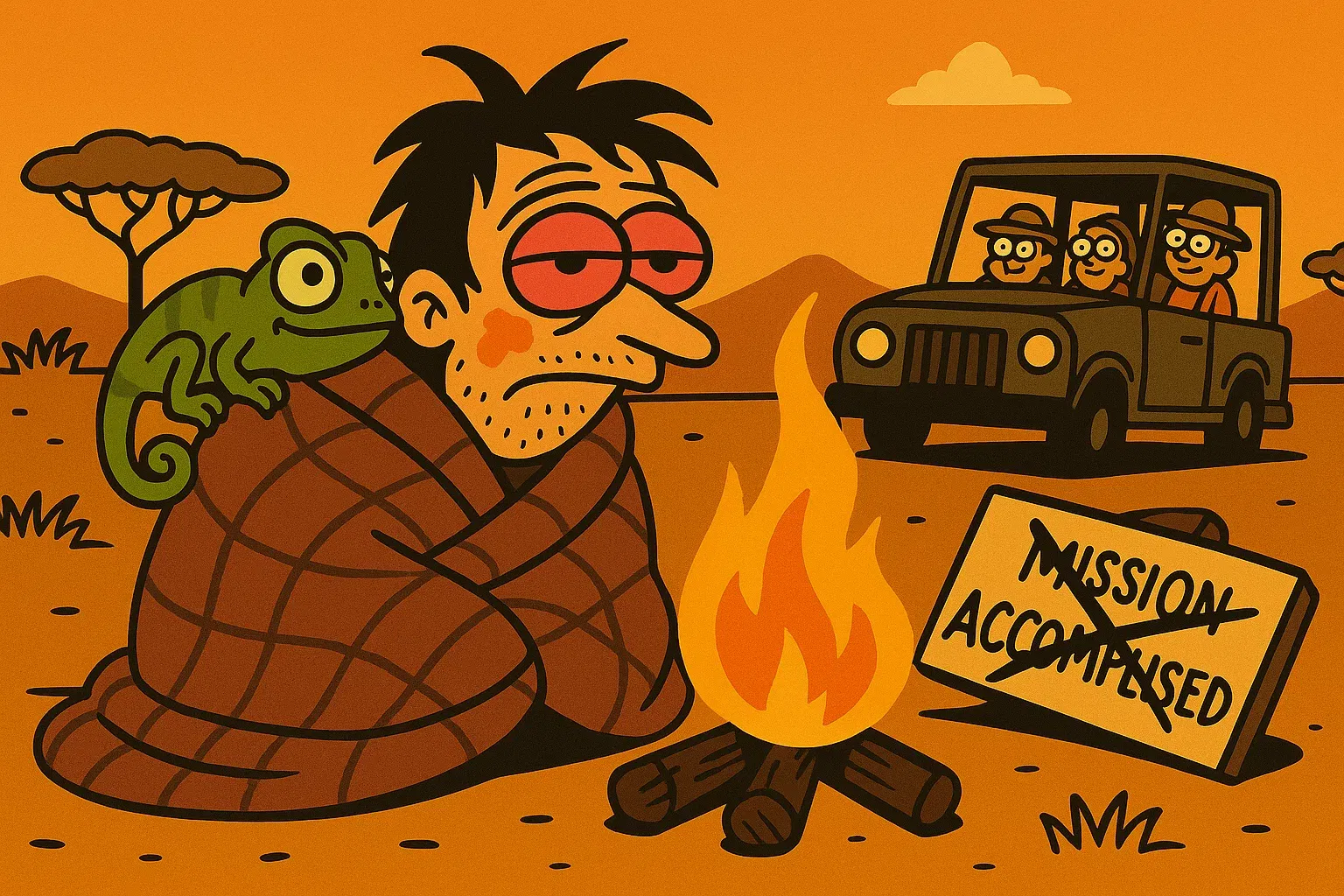 Malawi Gold Comic: Protagonist in Cob-Decke eingewickelt am Lagerfeuer, Chamäleon sitzt auf der Schulter, Mission geschafft.