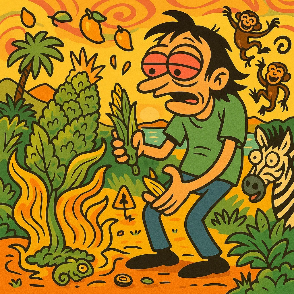 Malawi Gold Comic: Protagonist riecht an goldenen Blüten, Schmetterlinge und tropische Früchte fliegen herum.