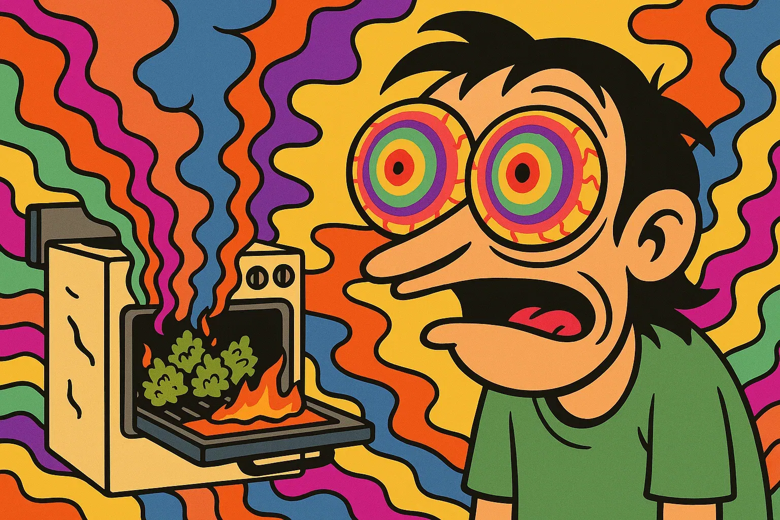 Malawi Gold Comic: Augen psychedelisch geweitet, Farben wirbeln, riesige Buds halluziniert.