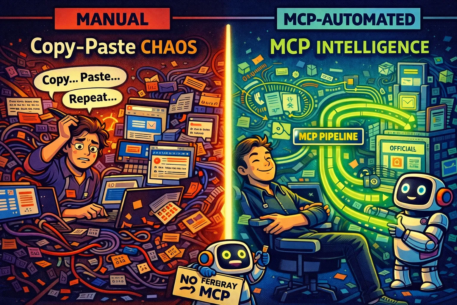 Vergleich: Manuelles Copy-Paste-Chaos vs. automatisiertes MCP-Pipeline-System für KI-Kontext