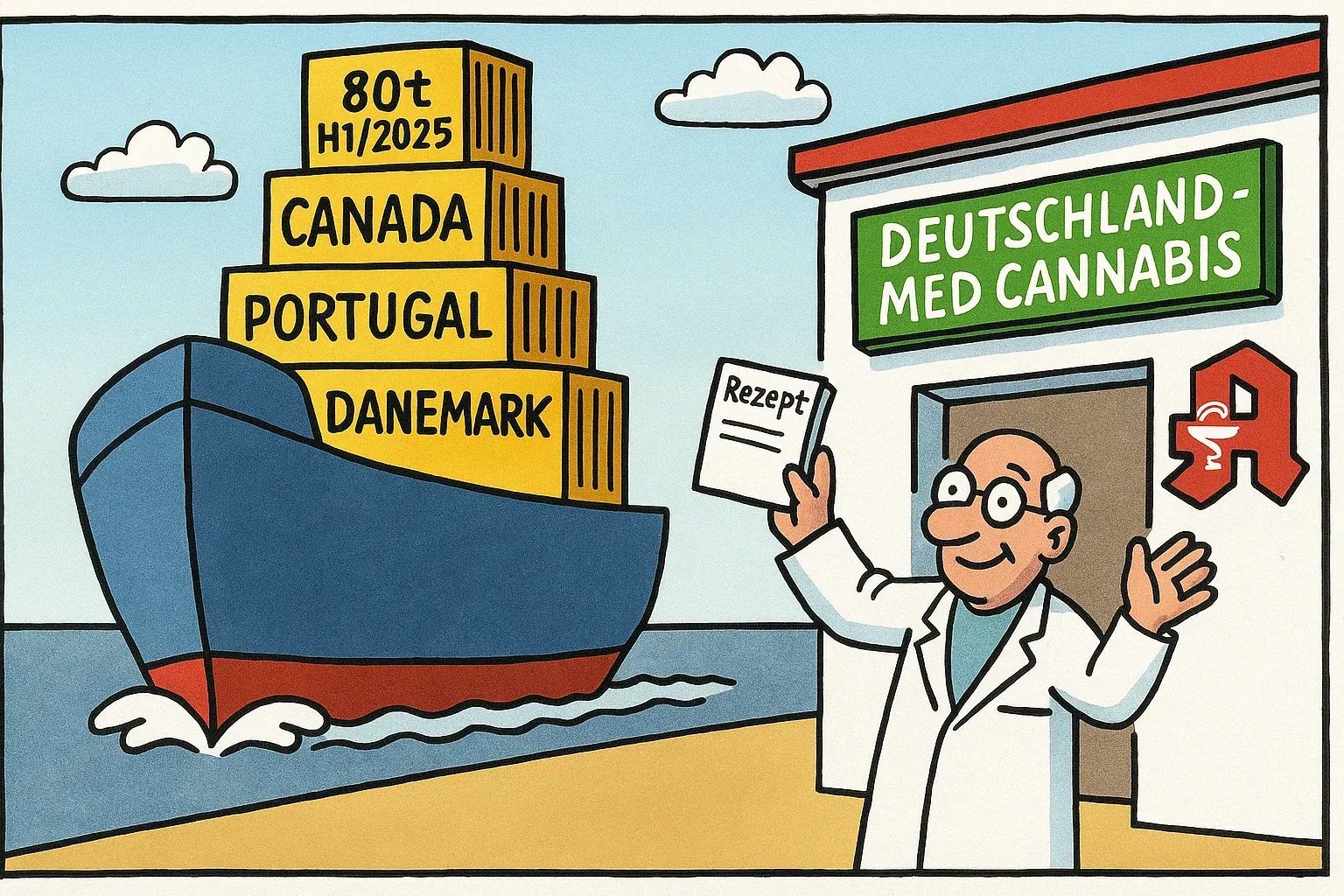 Medizinisches Cannabis: Deutschland importiert Rekordmengen Karikatur: Containerschiff mit Aufschriften Kanada, Portugal, Dänemark bringt 80 Tonnen Cannabis nach Deutschland in eine Apotheke